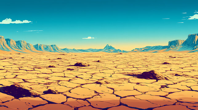 Expansive desert horizon with deeply cracked, parched ground. Solar Plains. Illustration