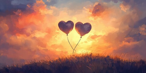 Fototapeta premium Illustration of two heart-shaped balloons tied together, floating in a sunset sky filled with golden and pink hues.
