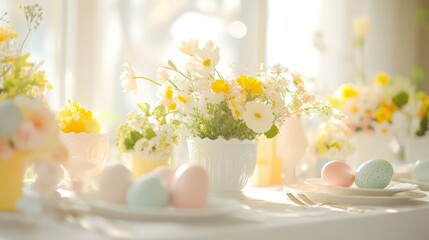 Colorful Easter eggs arranged on a table surrounded by fresh flowers create a festive spring atmosphere.