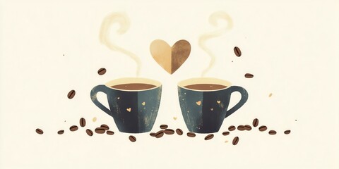 Obraz premium Two coffee cups side by side, with heart-shaped steam rising from them, surrounded by scattered coffee beans