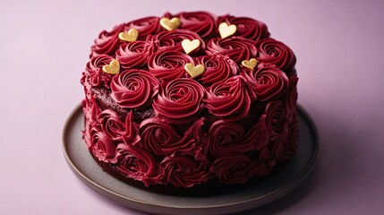 A romantic chocolate cake with red buttercream rosettes, styled with edible gold hearts, isolated on a muted lavender surface