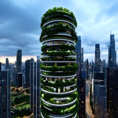 Obraz premium Modern skyscraper with green terraces, surrounded by city skyline under a dramatic sky, showcasing sustainable architecture and urban living.
