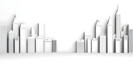 Obraz premium Minimalist city skyline in white with various architectural shapes and heights against a blank backdrop.