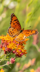 Obraz premium beautiful orange butterfly on yellow wildflowers in a meadow