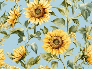A Seamless Pattern of Yellow Sunflowers with Sky Background