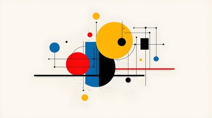 Obraz premium Abstract artistic composition featuring vibrant circles and geometric shapes in contrasting colors against a light background.