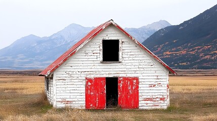 Old white barn with red doors in a vast field, surrounded by mountains and a cloudy sky, evoking a sense of rustic charm and tranquility.