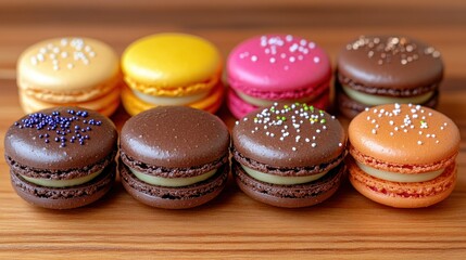 Fototapeta premium Colorful macarons on wood; bakery dessert sweets