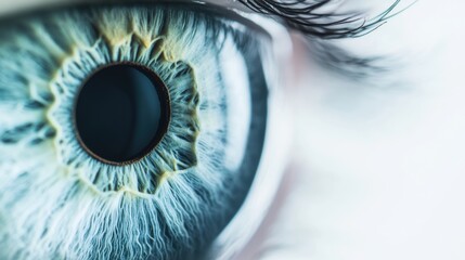 A detailed view of a human eye with augmented reality data overlays, set against a plain white background, representing advanced ophthalmic technology