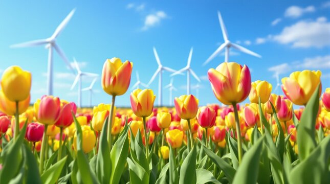 Photo White Wind Turbines with Cheerful Tulips Against Blue Sky Symbolizing Clean Energy - Energ&iacute;as renovables. Molinos de viento blancos frente a flores de tulipanes en primavera