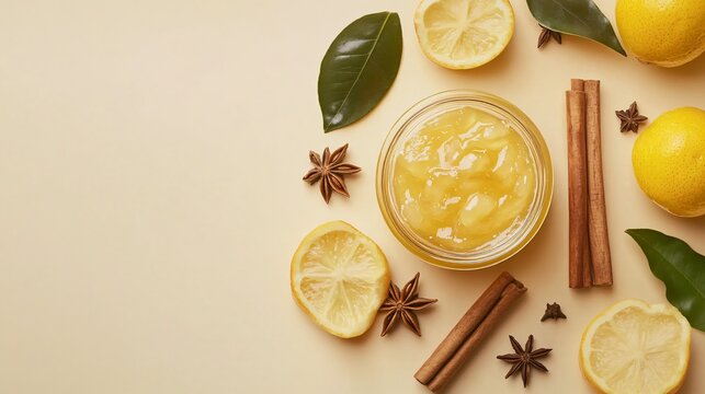 A jar of calamansi marmalade surrounded by fresh calamansi, cinnamon sticks, and star anise, isolated on a warm beige background