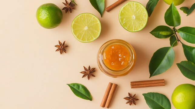 A jar of calamansi marmalade surrounded by fresh calamansi, cinnamon sticks, and star anise, isolated on a warm beige background