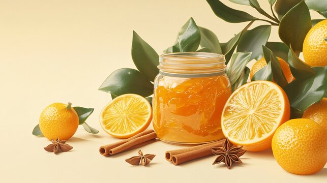 A jar of calamansi marmalade surrounded by fresh calamansi, cinnamon sticks, and star anise, isolated on a warm beige background