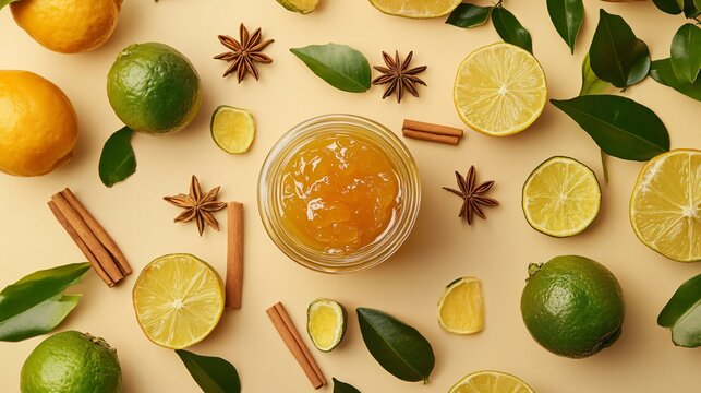 A jar of calamansi marmalade surrounded by fresh calamansi, cinnamon sticks, and star anise, isolated on a warm beige background