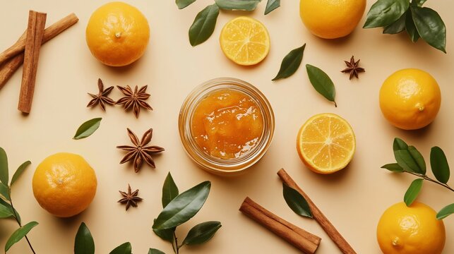 A jar of calamansi marmalade surrounded by fresh calamansi, cinnamon sticks, and star anise, isolated on a warm beige background