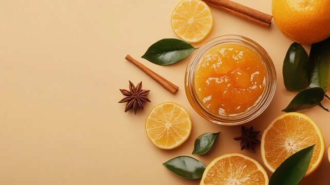 A jar of calamansi marmalade surrounded by fresh calamansi, cinnamon sticks, and star anise, isolated on a warm beige background