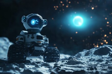 Robot explorer on the lunar surface observing distant celestial body at night