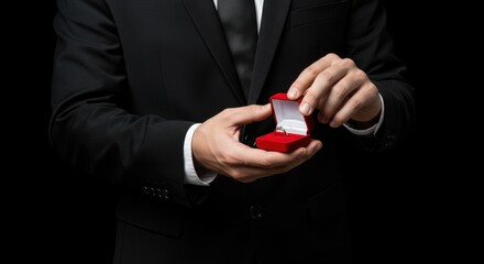 Fototapeta premium A person from the waist up dressed in a formal black suit with a white shirt and the individual is holding a red engagement ring box in his right hand seems proposing for valentine's day
