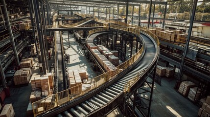Warehouse interior featuring a conveyor system with stacked boxes and industrial infrastructure.