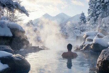 A tranquil setup of a person soaking in an outdoor hot spring surrounded by snow-covered rocks and trees, steam rising into the crisp winter air.