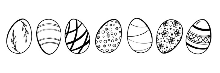 Line art style outline drawing set of Easter eggs decorated with stripes, dots, leaves and flowers. Minimalist style. Ideal for Easter cards, invitations, coloring books, posters