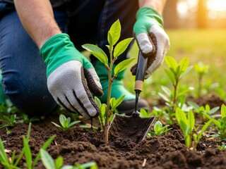 Planting tree seedlings in moist soil in a park on a sunny spring day with hands in protective gloves using garden tools.