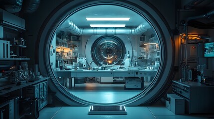Detailed View of a High-Technology Vacuum Chamber Laboratory with an Expansive Thick-Walled Window