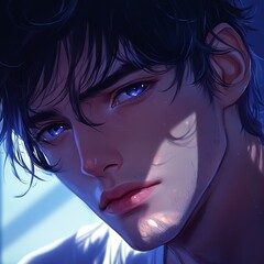 Fototapeta premium Handsome anime boy portrait, blue eyes.