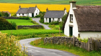 Fototapeta premium Rural Scottish Cottages, Winding Road, Yellow Fields, Idyllic Landscape