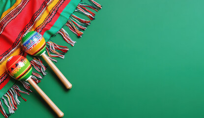 Cinco de Mayo holiday background made from maracas, mexican blanket stripes or poncho serape on green background