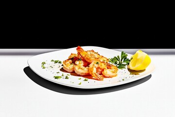 high-contrast shot of shrimp scampi, where harsh lighting creates dramatic shadows across the plate.
