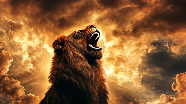 Majestic lion roaring against a dramatic sunset sky with clouds and vibrant colors in the background