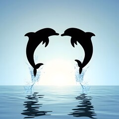 Fototapeta premium Dolphins leap gracefully through the water at sunset, showcasing their playful nature