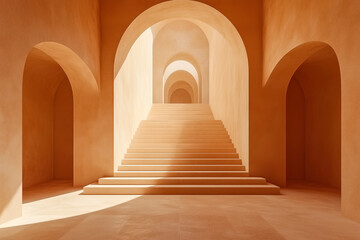 Sunlit arched staircase leading to bright light in minimalist architecture