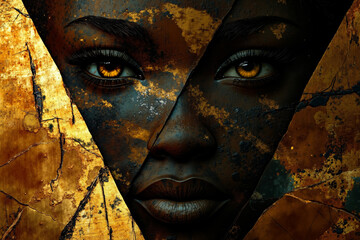 A close up of a woman's face with yellow eyes