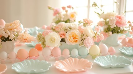 Colorful Easter eggs and vibrant flowers arranged in vases create a festive spring atmosphere.