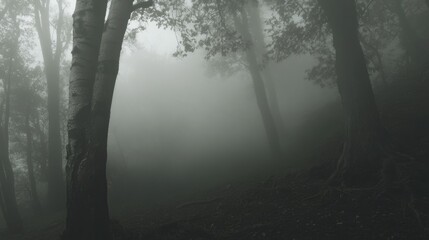 Obraz premium Misty forest scene with tall trees on a foggy day