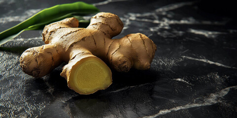 Fresh Ginger Root on Black Stone Table with Deep Color Close-Up 