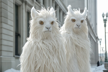 Fototapeta premium Two white furry creatures with intense eyes in urban snowy setting