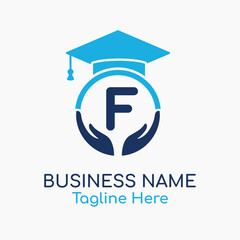 Initial F Education Logo with Graduation Logo. School Education Care and Hand Logo Concept. Student Help Logo Design Vector