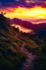 Obraz premium A trail in the middle of a grassy field with a sunset in the background