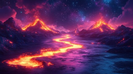 Fototapeta premium A vibrant, surreal landscape featuring flowing lava and starry skies.