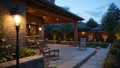 solar-powered outdoor lights illuminating a backyard patio 