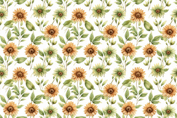 Obraz premium Seamless sunflower flowers green and brown background pattern wallpaper