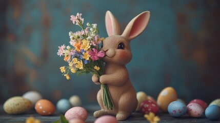 A cute bunny holds a colorful bouquet of flowers beside vibrant Easter eggs, symbolizing spring and renewal.