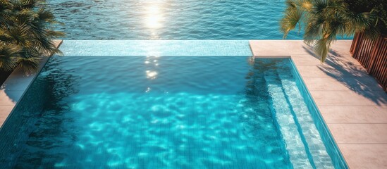 Fototapeta premium Bright and serene luxury swimming pool with infinity edge, offering a relaxing waterfront view surrounded by palm trees and sunlight reflections.