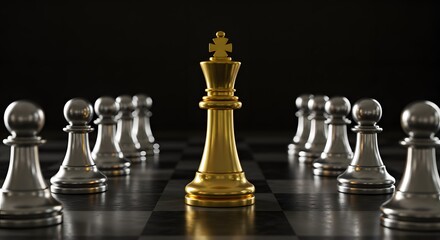 Golden Chess King Standing Among Chess Pieces: Leadership, Courage, and Business Strategy Concept