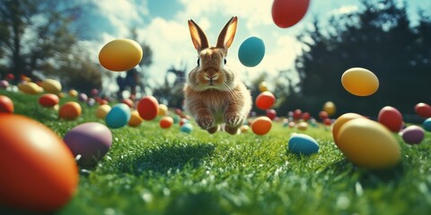 A lively rabbit hops through green grass, carrying colorful Easter eggs in a joyful spring scene.