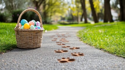 A vibrant basket filled with colorful eggs rests on a charming path, symbolizing the joy and renewal of Easter.