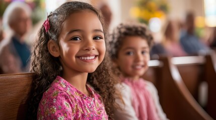 Obraz premium Two young girls sit together in a church, enjoying the peaceful atmosphere of Easter celebrations.